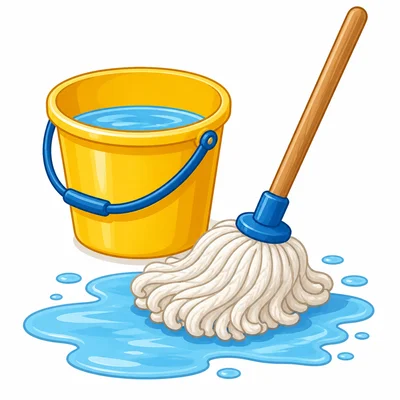 A bucket of water next to a mop.