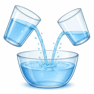 Two cups of water being combined.