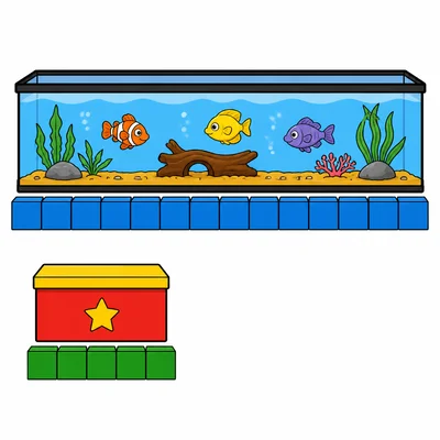 A fish tank measured by twelve cubes and a box measured by five cubes.