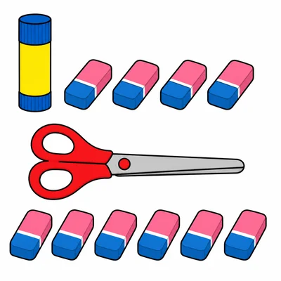 A glue stick measured by four erasers and scissors measured by six erasers.