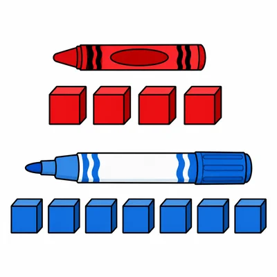 A crayon measured by four cubes and a marker measured by seven cubes.