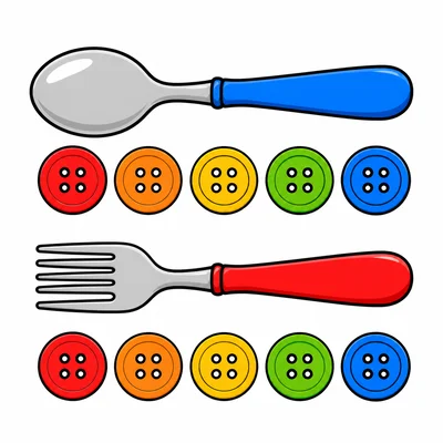 A spoon and fork each measured by five buttons.