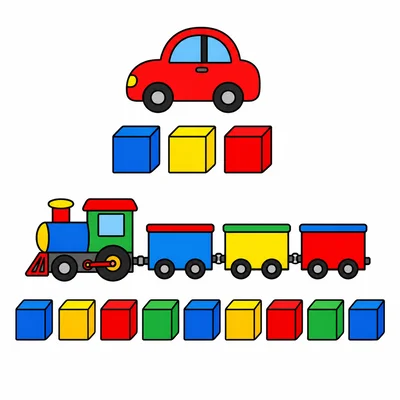A toy car measured by three cubes and a toy train measured by nine cubes.