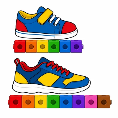 Two shoes measured with six and eight connecting cubes.