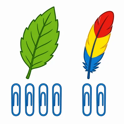 A leaf measured by four paper clips and a feather measured by two paper clips.