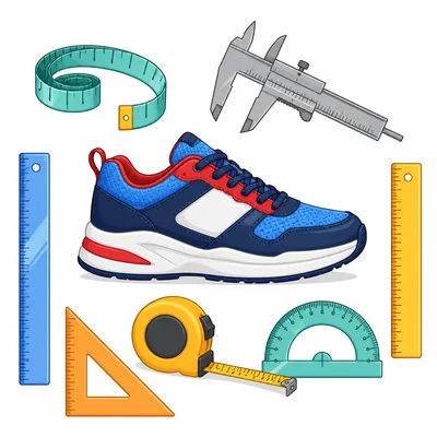 A sneaker shown with different measuring tools.