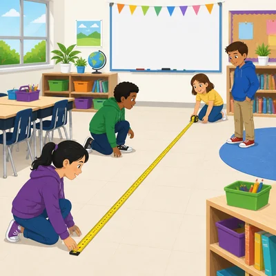 A classroom with a long measuring tape across the floor.