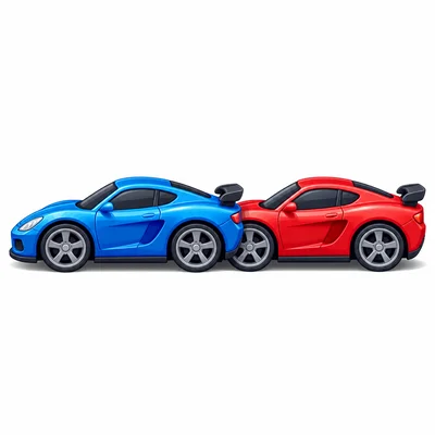 Two toy cars of equal length lined up together.