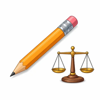 A pencil with a small balance scale nearby.