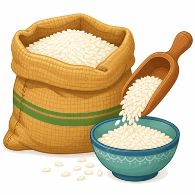 A bag of rice with some rice being scooped out.