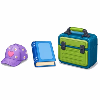 A hat, a book, and a lunchbox shown for comparing mass.