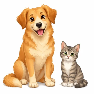 A larger dog sitting beside a smaller cat.