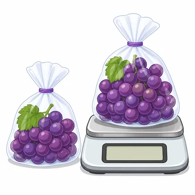 Two bags of grapes, one on a digital scale.
