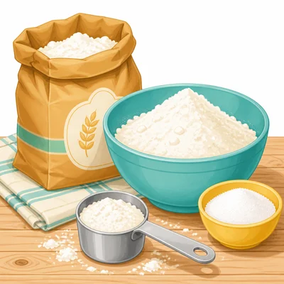 Flour and sugar with measuring tools on a counter.