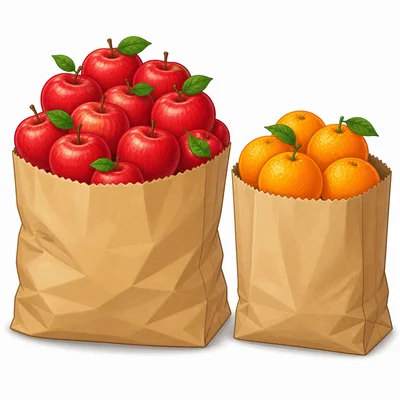 Two grocery bags, one with apples and one with oranges.