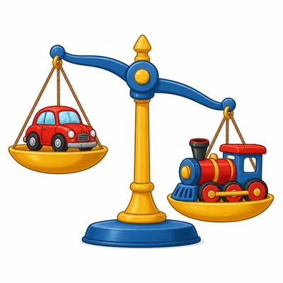 A balance scale with a toy car and a heavier toy train.