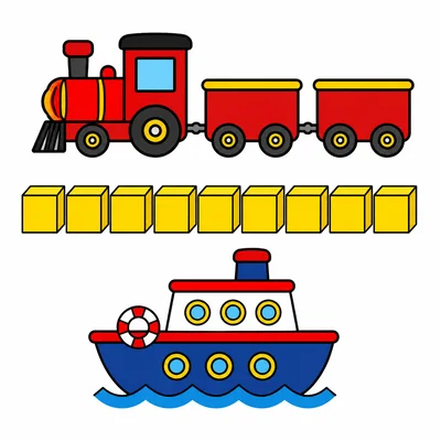 A toy train and a toy boat both lined up with 8 cubes.
