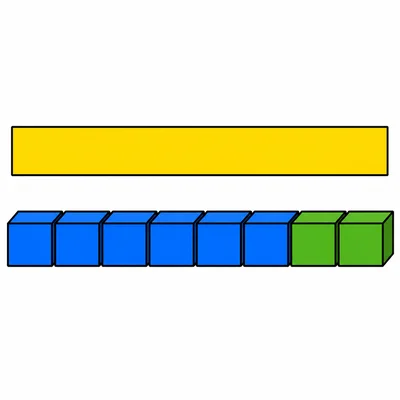 A paper strip above 6 cubes with 2 more cubes added.