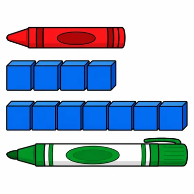 A crayon lined up with 4 cubes and a marker lined up with 7 cubes.