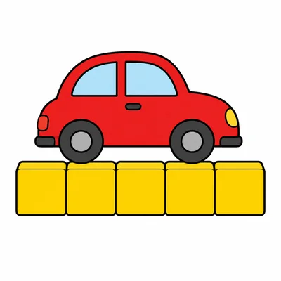 A toy car lined up with 5 cubes.