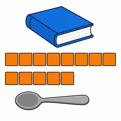 A book measured with 8 blocks and a spoon measured with 5 blocks.