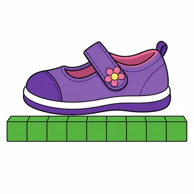 A shoe lined up with 9 cubes.