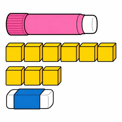 A glue stick lined up with 6 cubes and an eraser lined up with 3 cubes.
