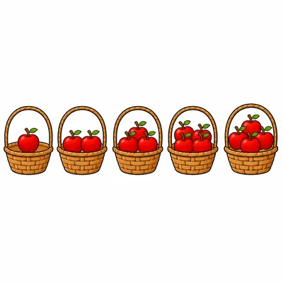 Five baskets of apples showing one through five apples.
