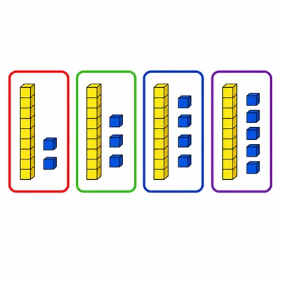 Four mats with ten-rods and extra cubes increasing from two to five.