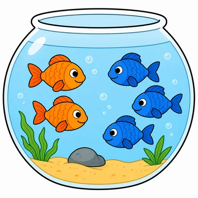 Five fish with two in one group and three in another group.