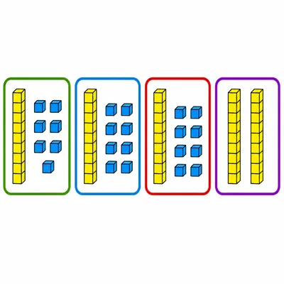 Four mats with base-ten blocks showing amounts from seventeen to twenty.