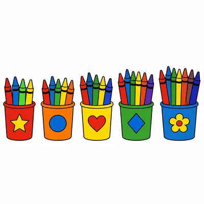 Five crayon cups showing counts from four to eight.