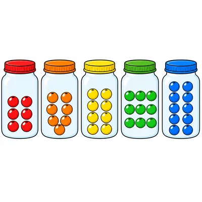 Five jars of beads showing counts from six to ten.