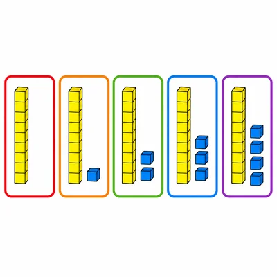 Five mats with ten-rods and increasing extra cubes from none to four.