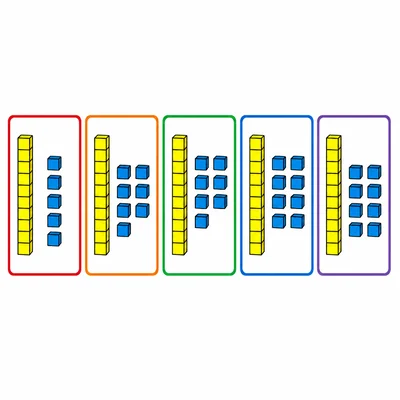 Five mats with ten-rods and extra cubes increasing from five to nine.