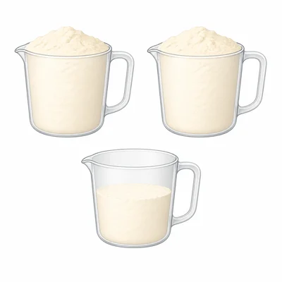 Two full measuring cups and one half-filled measuring cup of flour.