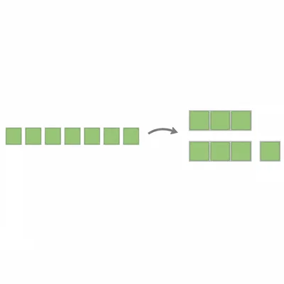Diagram showing equal fraction pieces regrouped into whole bars and a leftover part.
