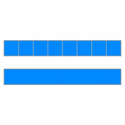 A fraction bar divided into eight equal shaded parts and a matching whole shaded bar.