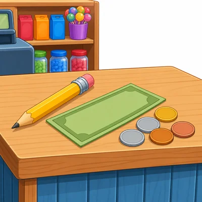 A pencil on a counter with a plain bill and coins.
