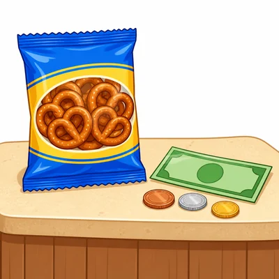 A snack bag with a plain bill and coins.