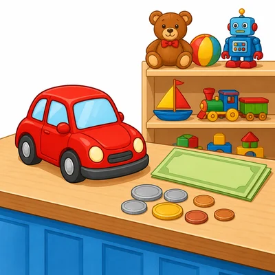 A toy car with a plain bill and coins.