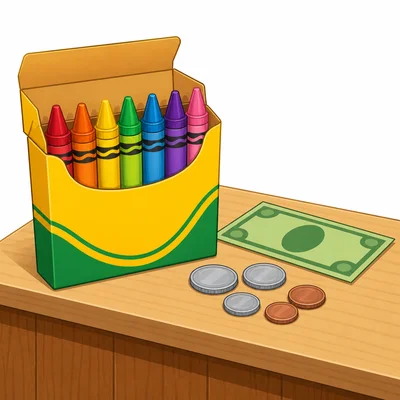 A pack of crayons with a plain bill and coins.