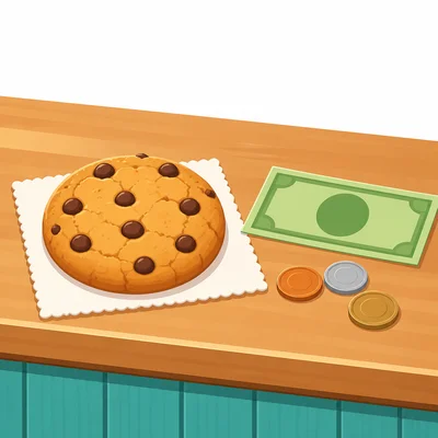 A cookie with a plain bill and coins.