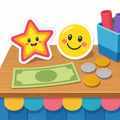 Colorful stickers with a plain bill and coins.