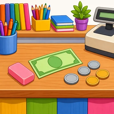 A small eraser with a plain bill and coins.