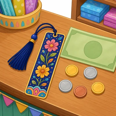 A bookmark with a plain bill and coins.