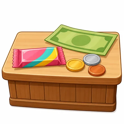 A piece of gum with a plain bill and coins.