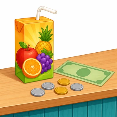 A juice box with a plain bill and coins.