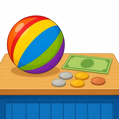 A bouncy ball with a plain bill and coins.