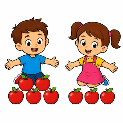 Two children with five apples on the left and three apples on the right